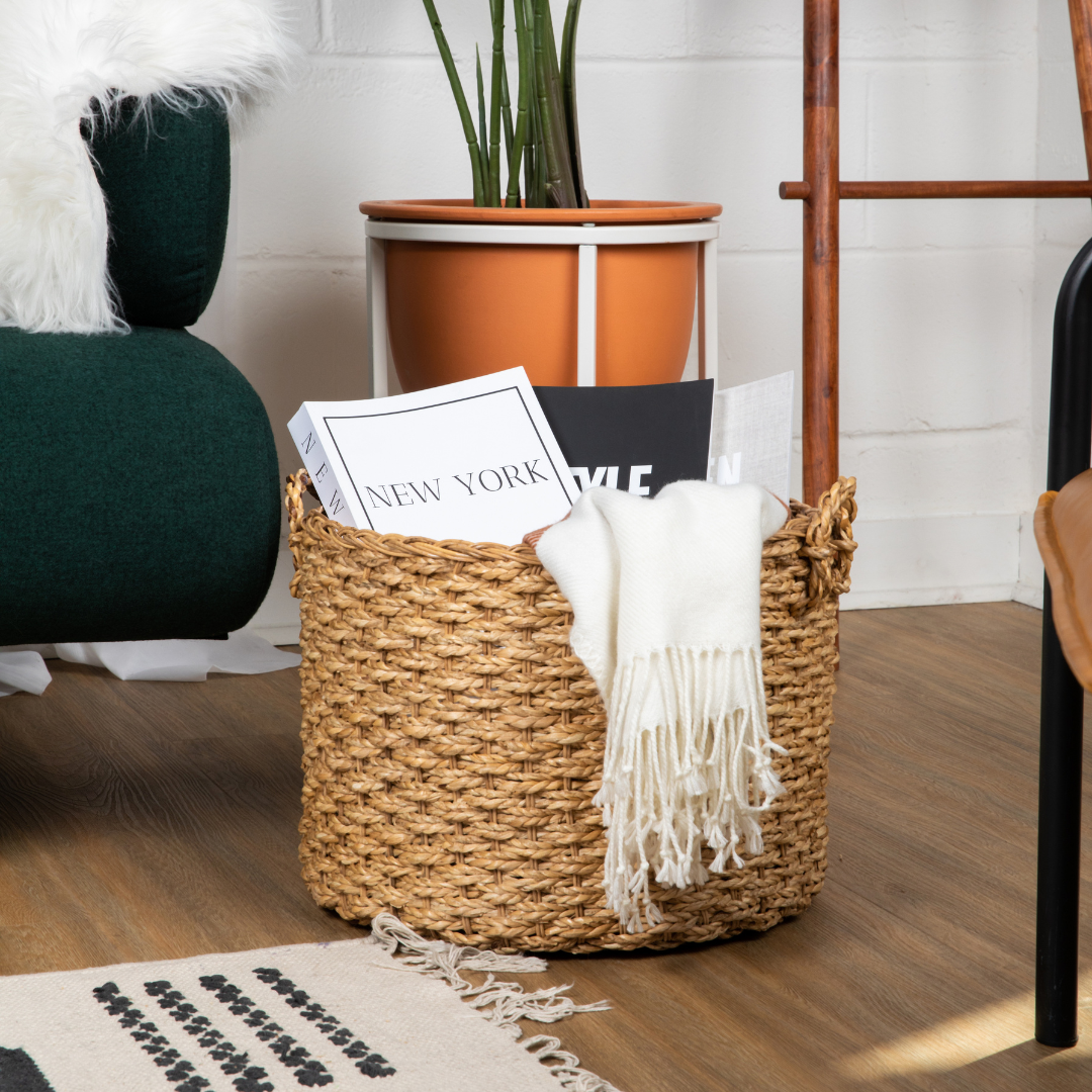 Round Wicker Storage Rattan Basket For Blankets, Toys, Towels, Laundry with Handles