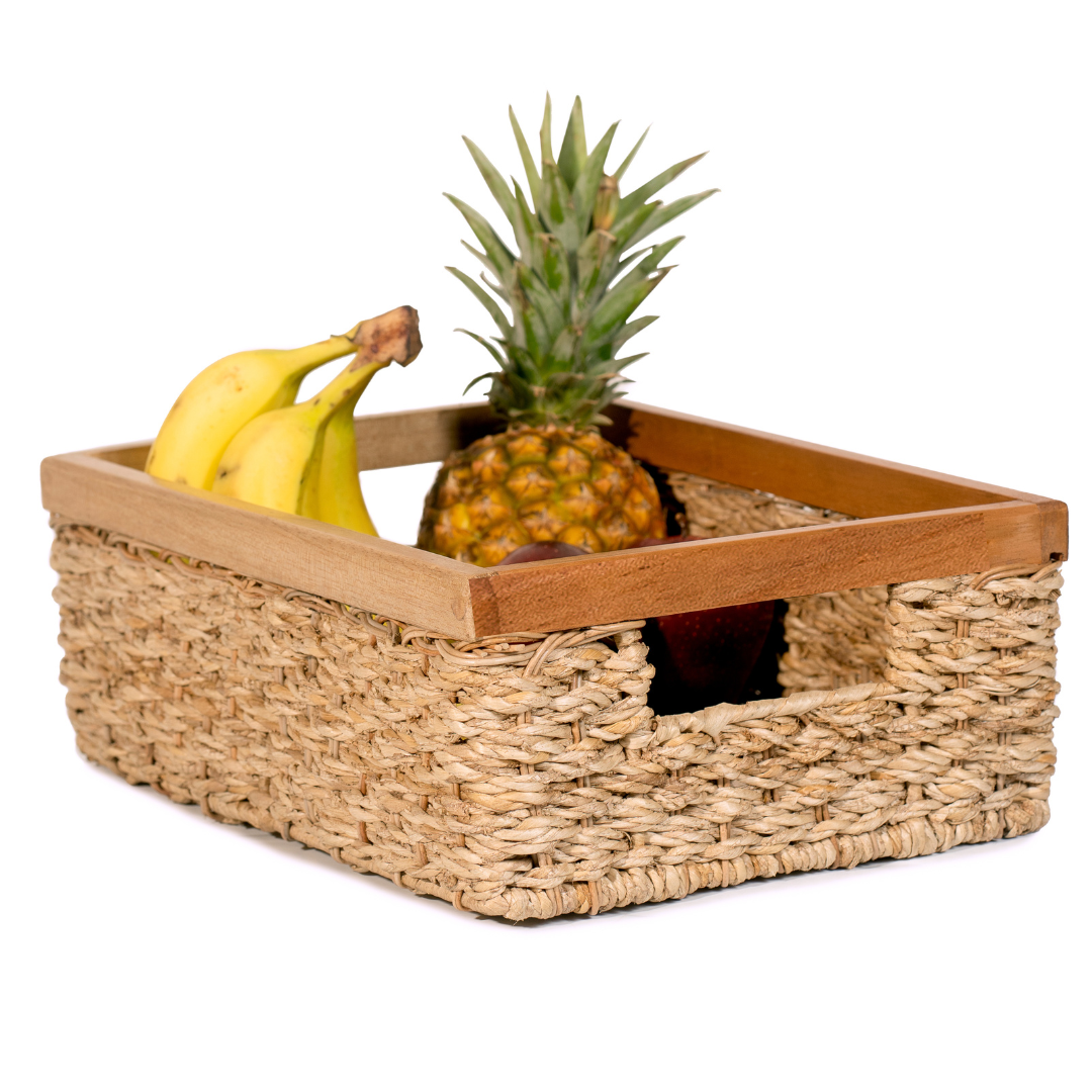 Rectangular Wicker Storage Basket Set of 3 With Wooden Handles