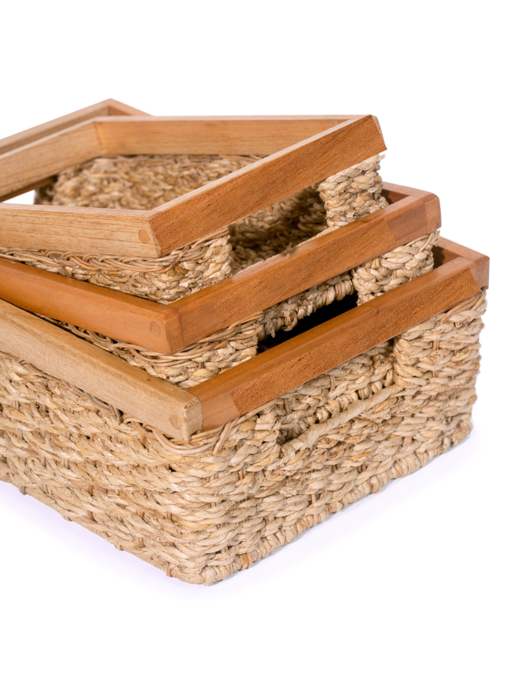 Rectangular Wicker Storage Basket Set of 3 With Wooden Handles