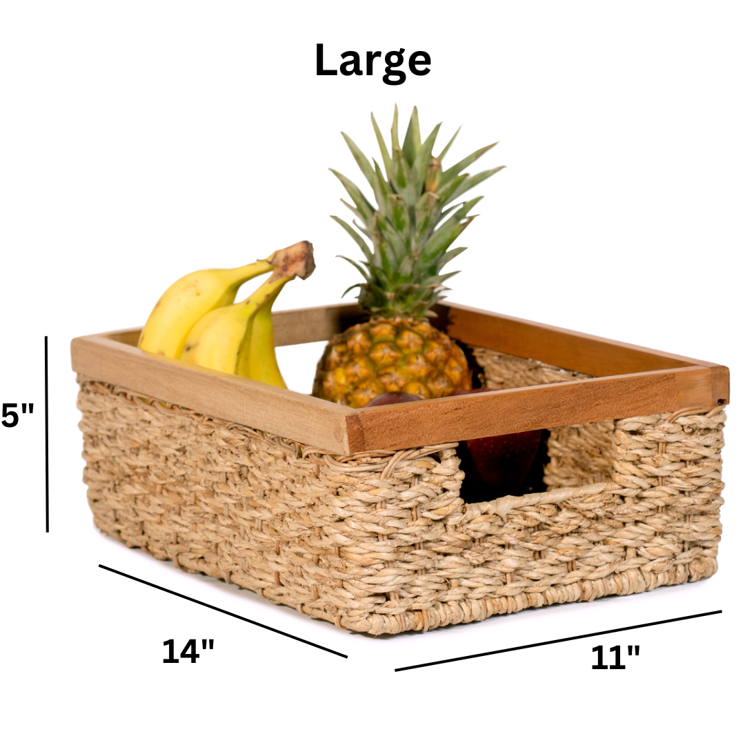 Rectangular Wicker Storage Basket Set of 3 With Wooden Handles