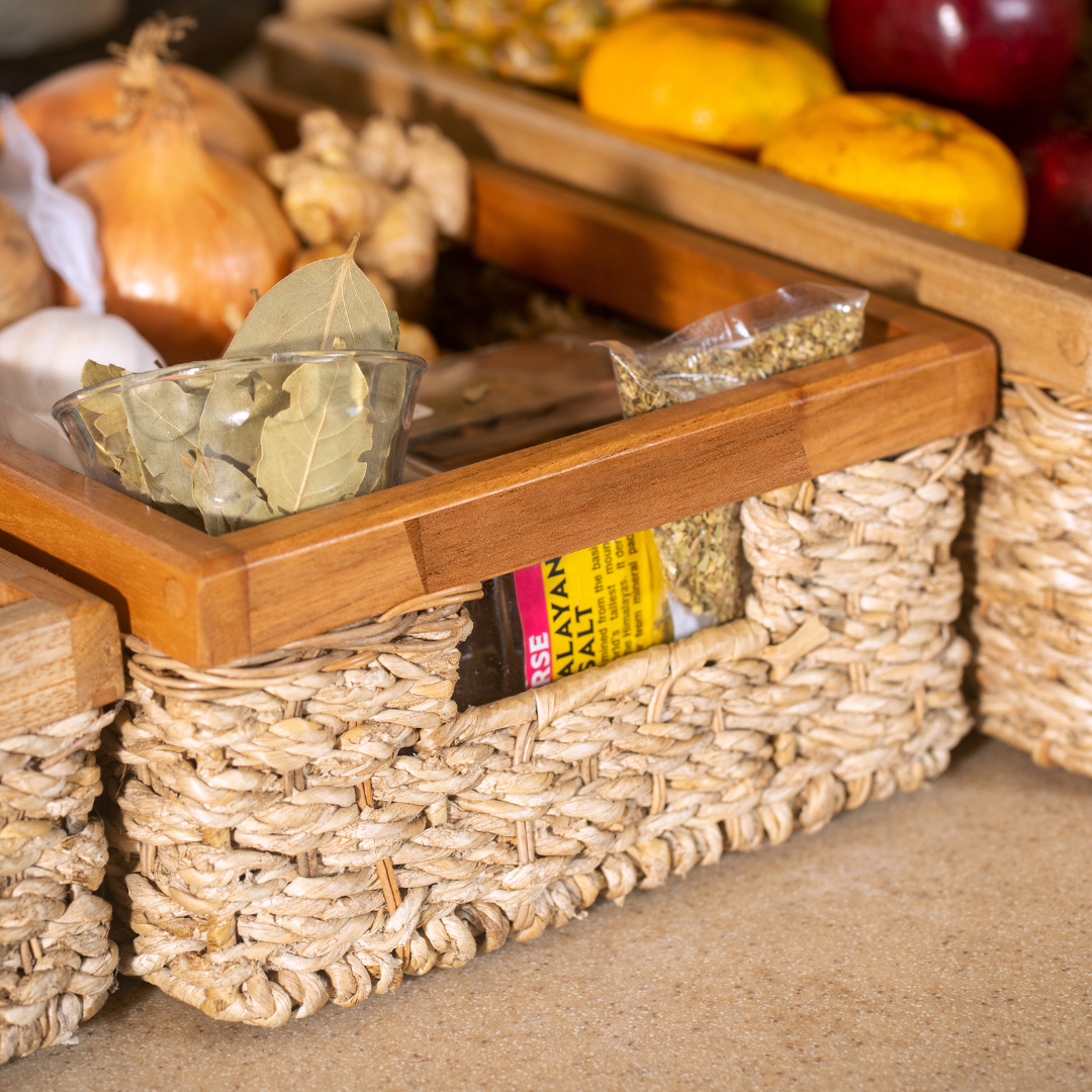 Rectangular Wicker Storage Basket Set of 3 With Wooden Handles