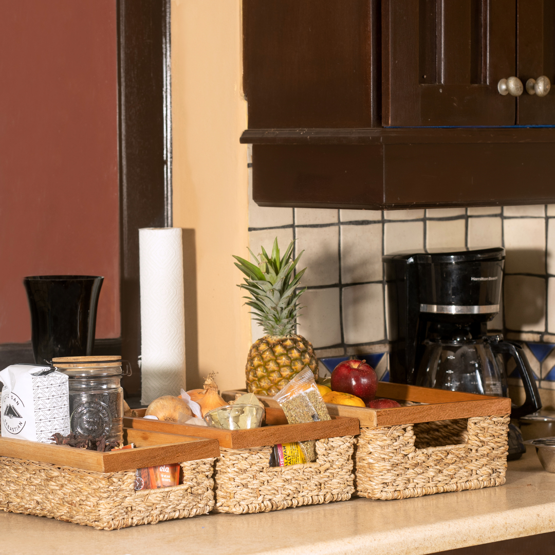 Rectangular Wicker Storage Basket Set of 3 With Wooden Handles