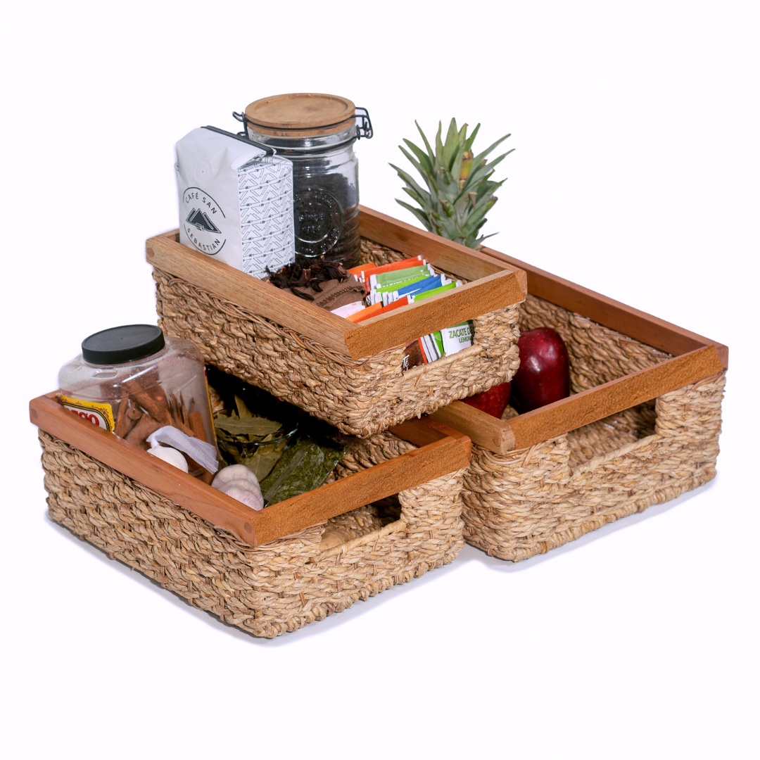 Rectangular Wicker Storage Basket Set of 3 With Wooden Handles
