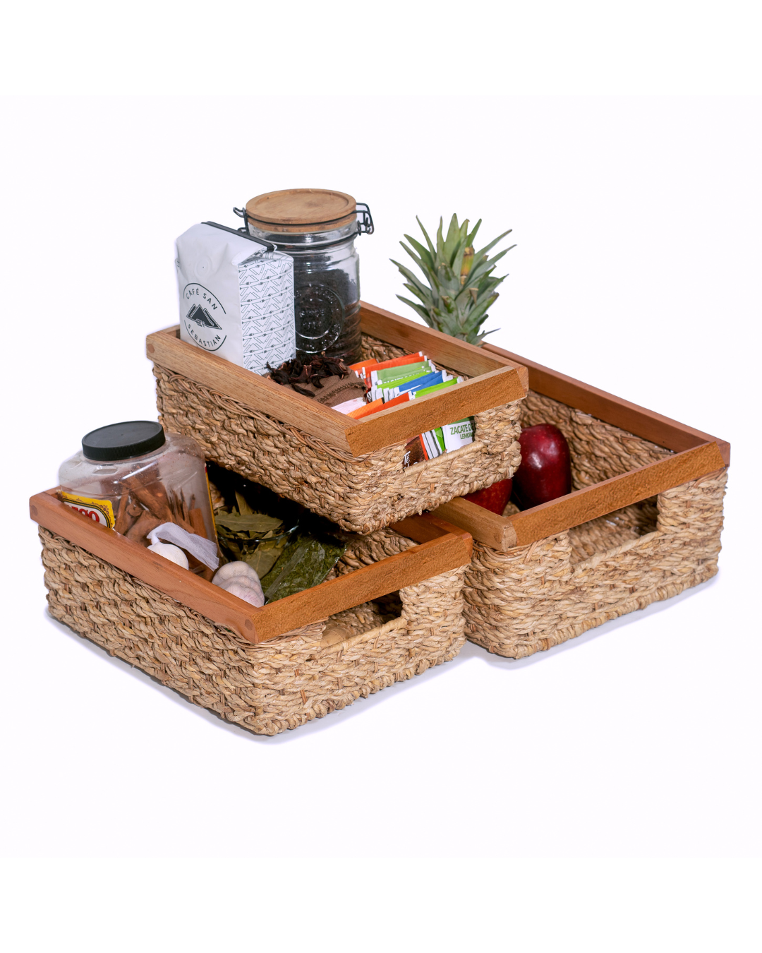 Rectangular Wicker Storage Basket Set of 3 With Wooden Handles