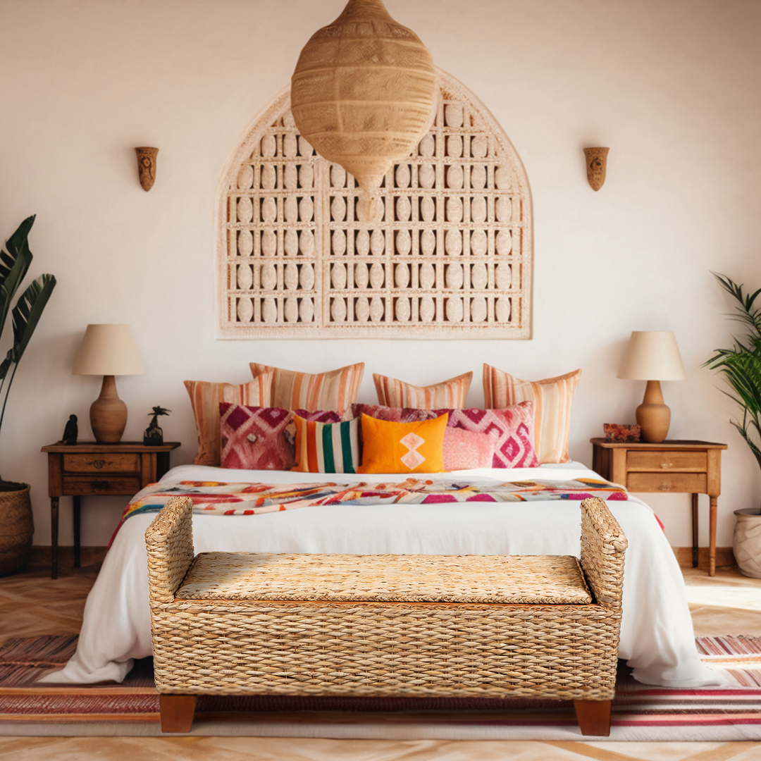 Wicker Storage Bench Rattan Woven Ottoman for Entryway, End of Bed, Living Room