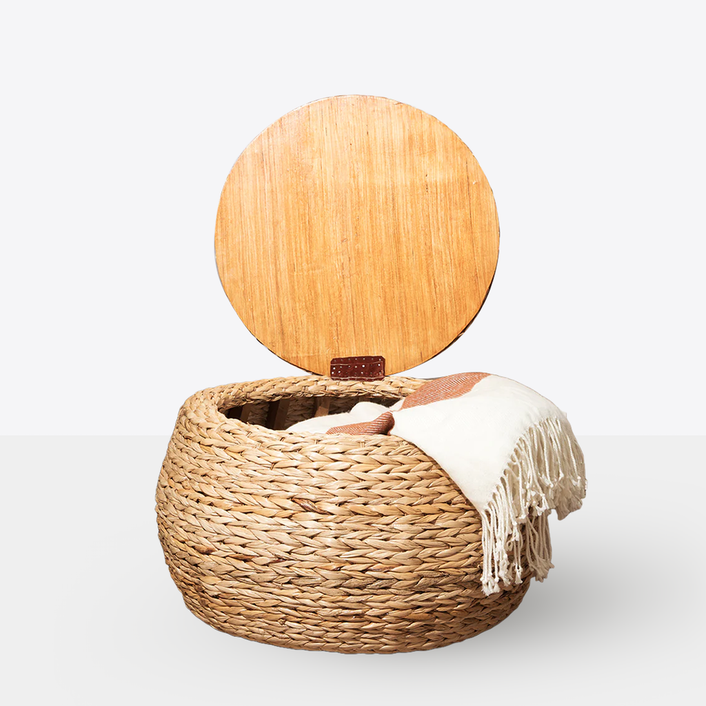 The Living Room Bundle With Round Storage Ottoman And Wicker Side Table