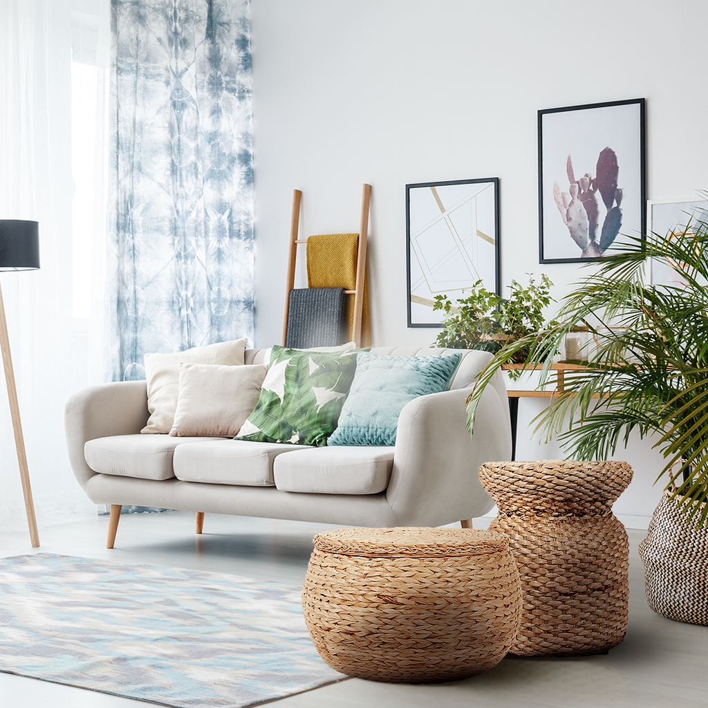 The Living Room Bundle With Round Storage Ottoman And Wicker Side Table