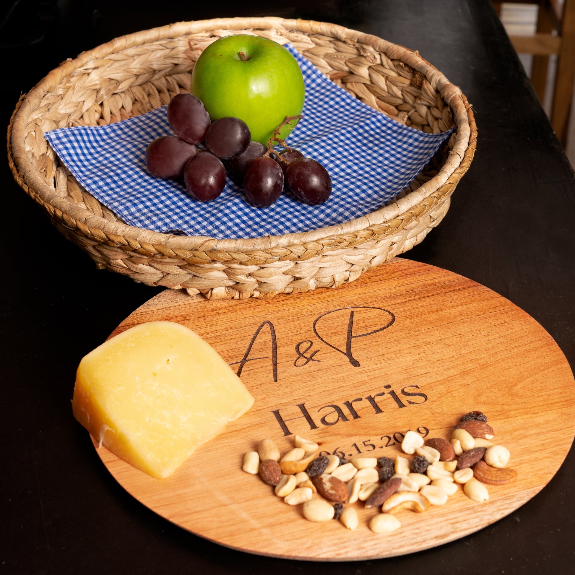 Round Wicker Tray 2 in 1 Personalized Wedding Anniversary Charcuterie Serving Board