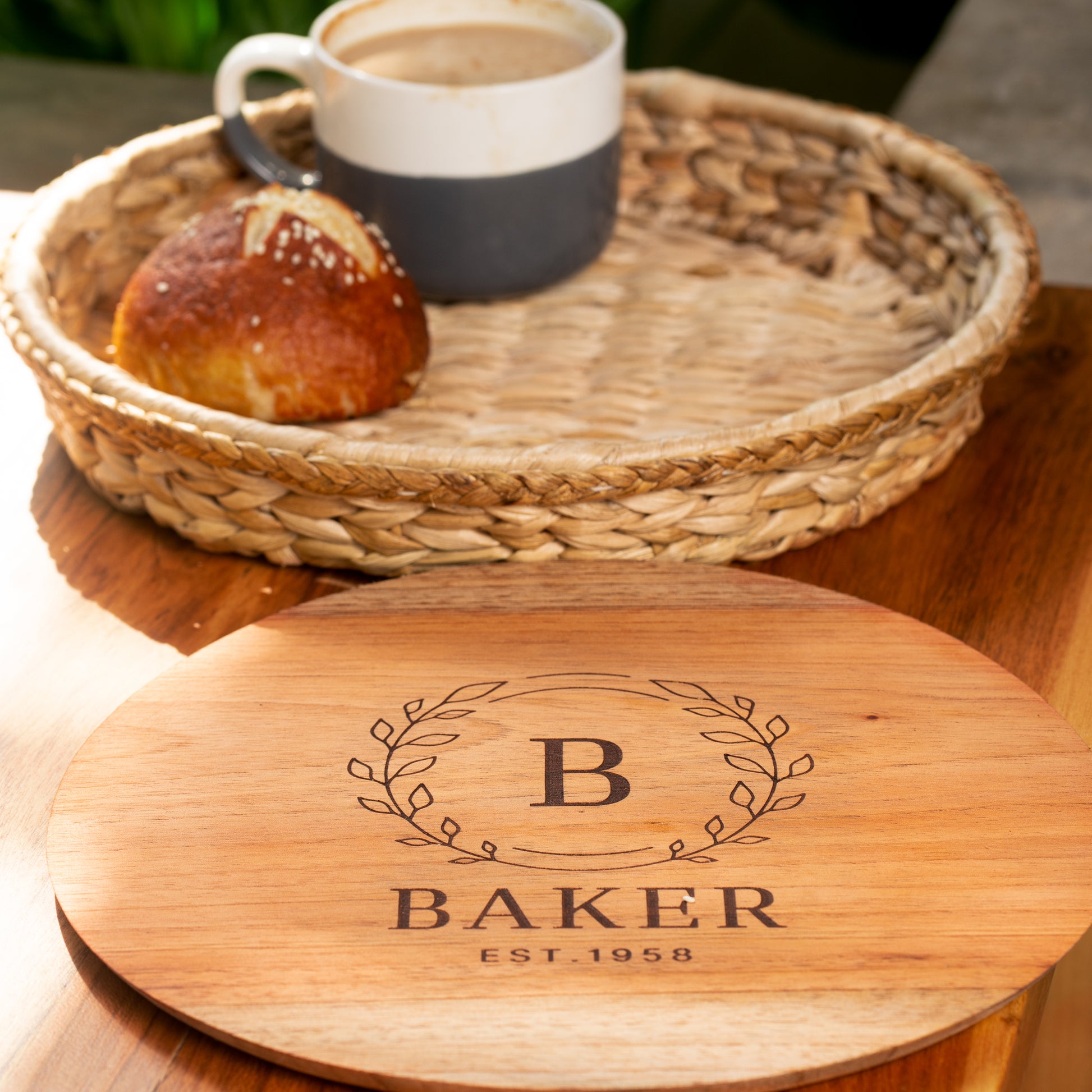 Round Wicker Tray 2 in 1 Personalized Teak Charcuterie Serving Board