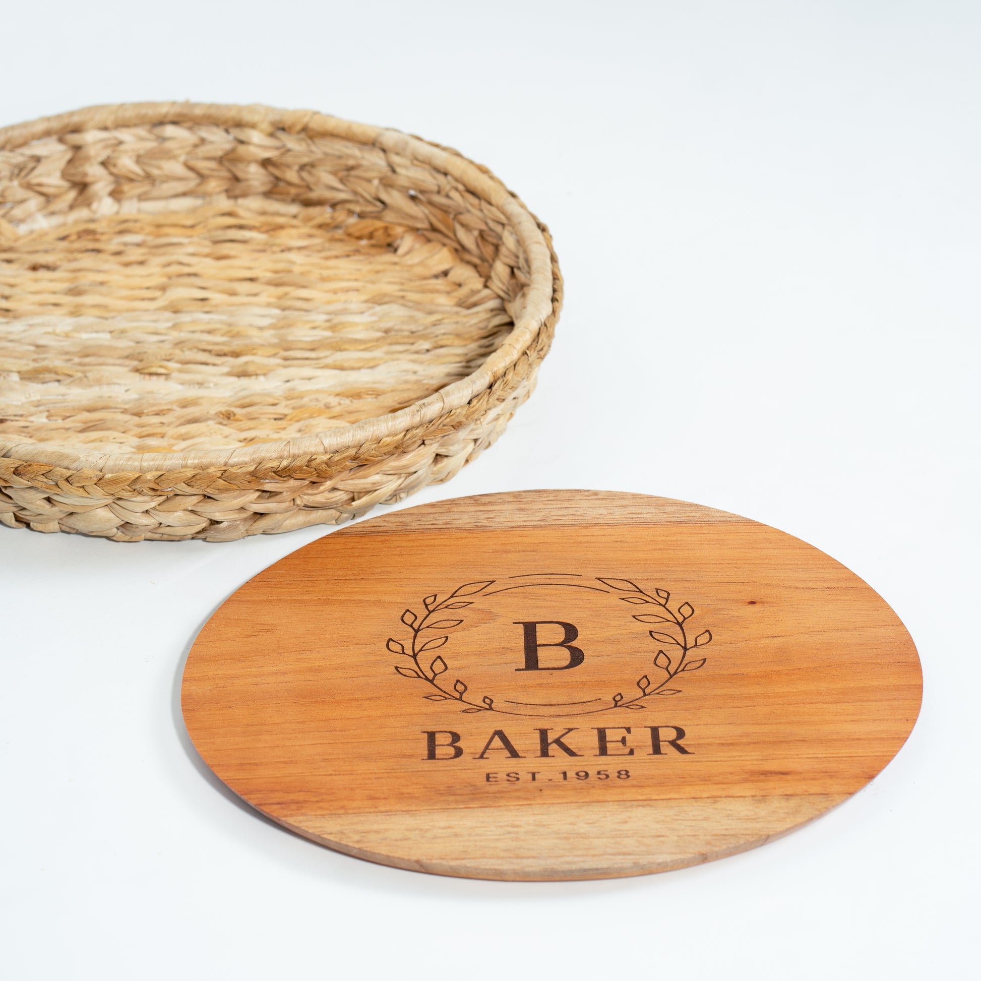 Round Wicker Tray 2 in 1 Personalized Teak Charcuterie Serving Board