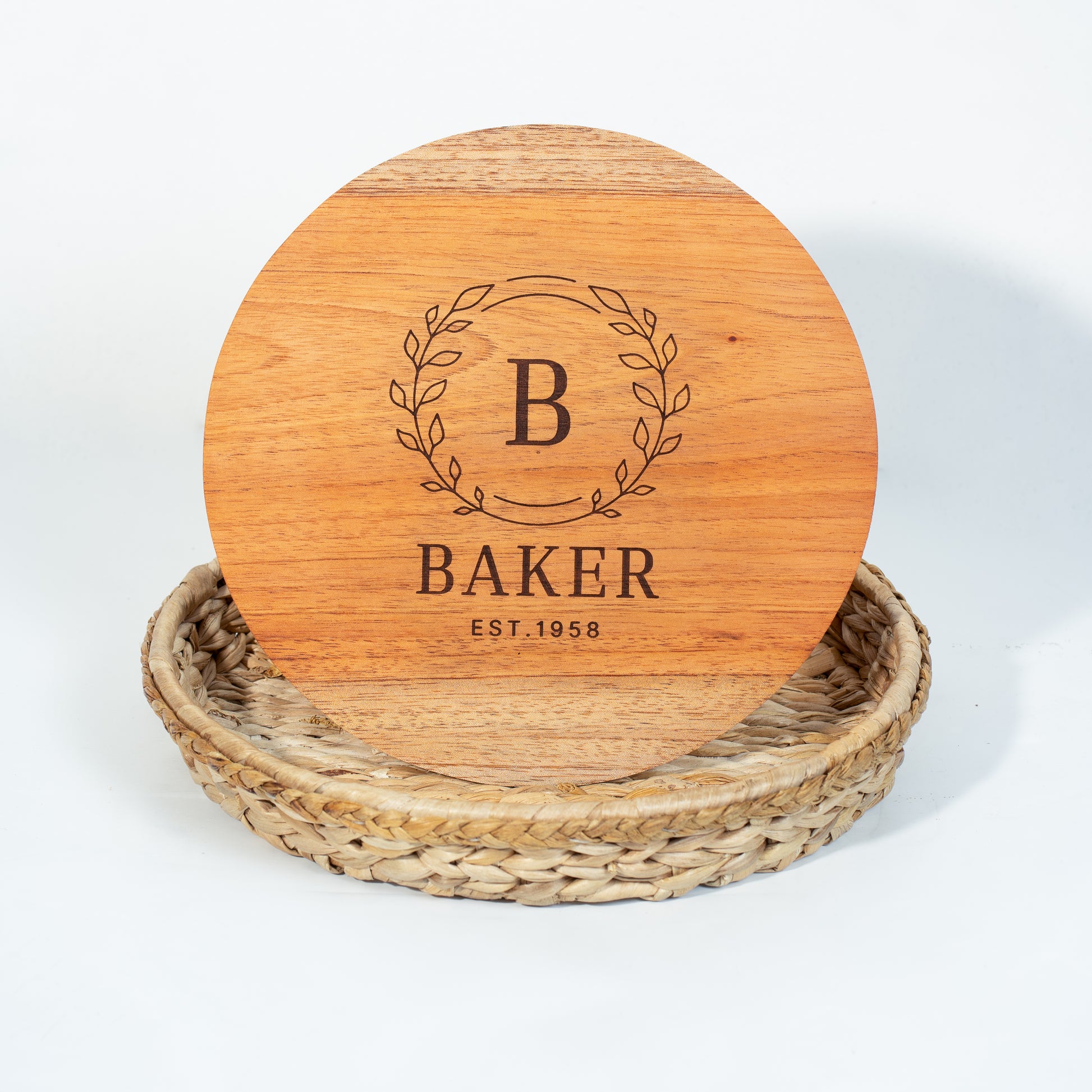 Round Wicker Tray 2 in 1 Personalized Teak Charcuterie Serving Board