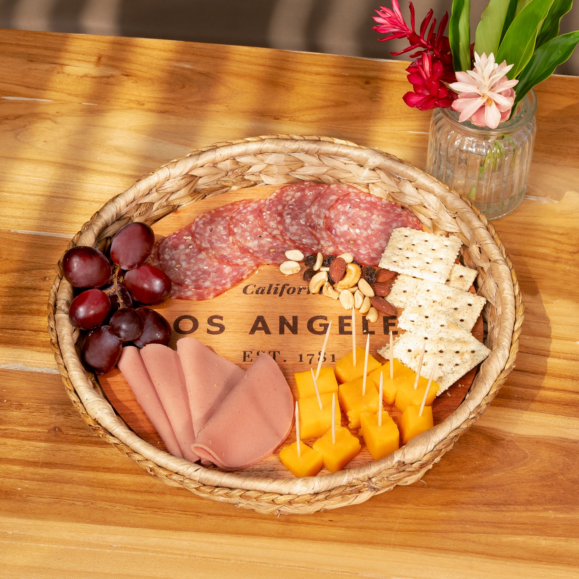 Round Wicker Tray 2 in 1 Personalized City Hometown Charcuterie Serving Board