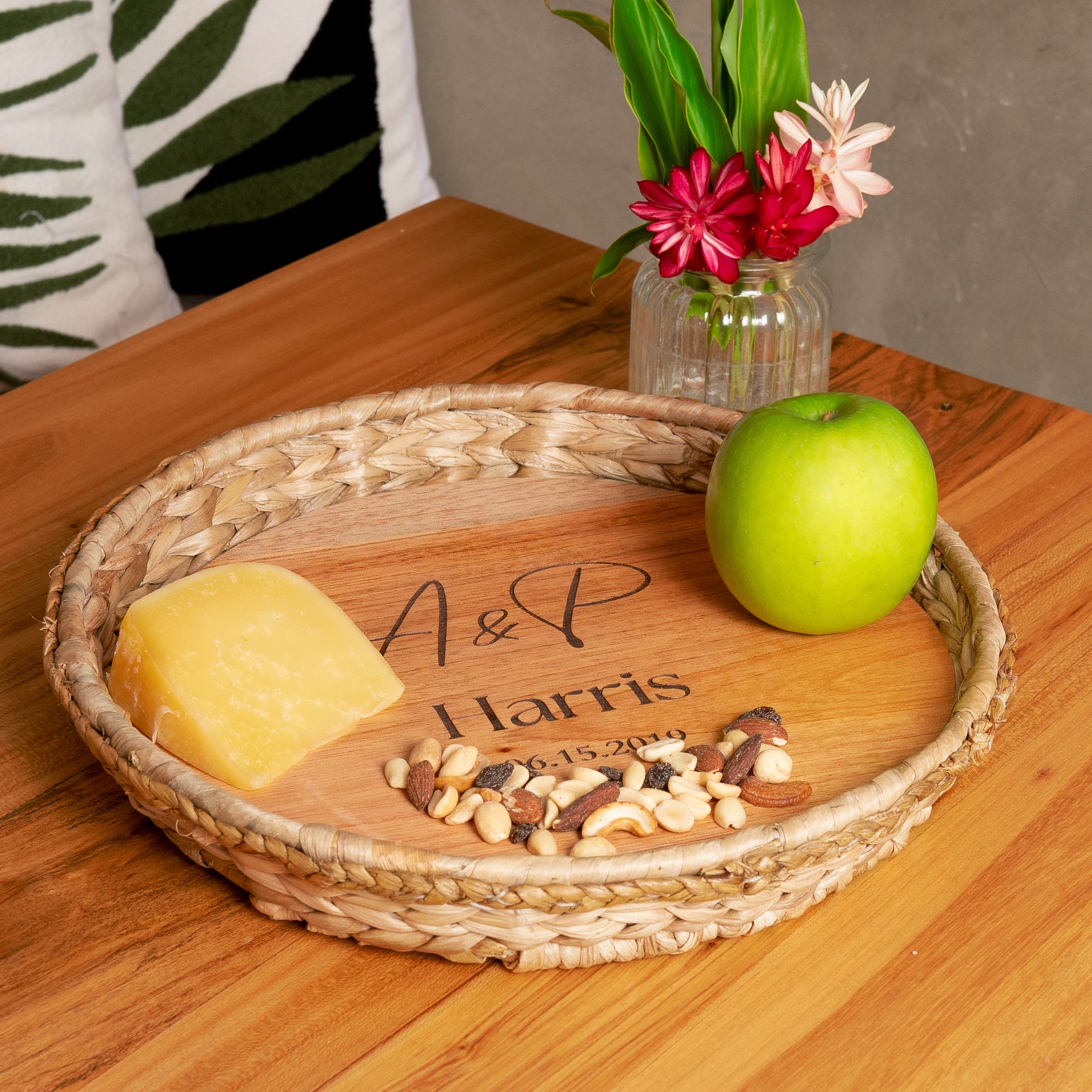 Round Wicker Tray 2 in 1 Personalized Wedding Anniversary Charcuterie Serving Board