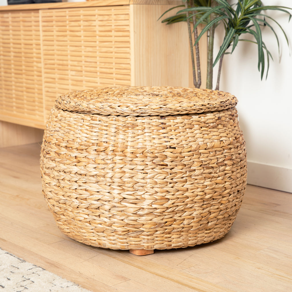 Round Storage Ottoman Natural Wicker Rattan With Lid