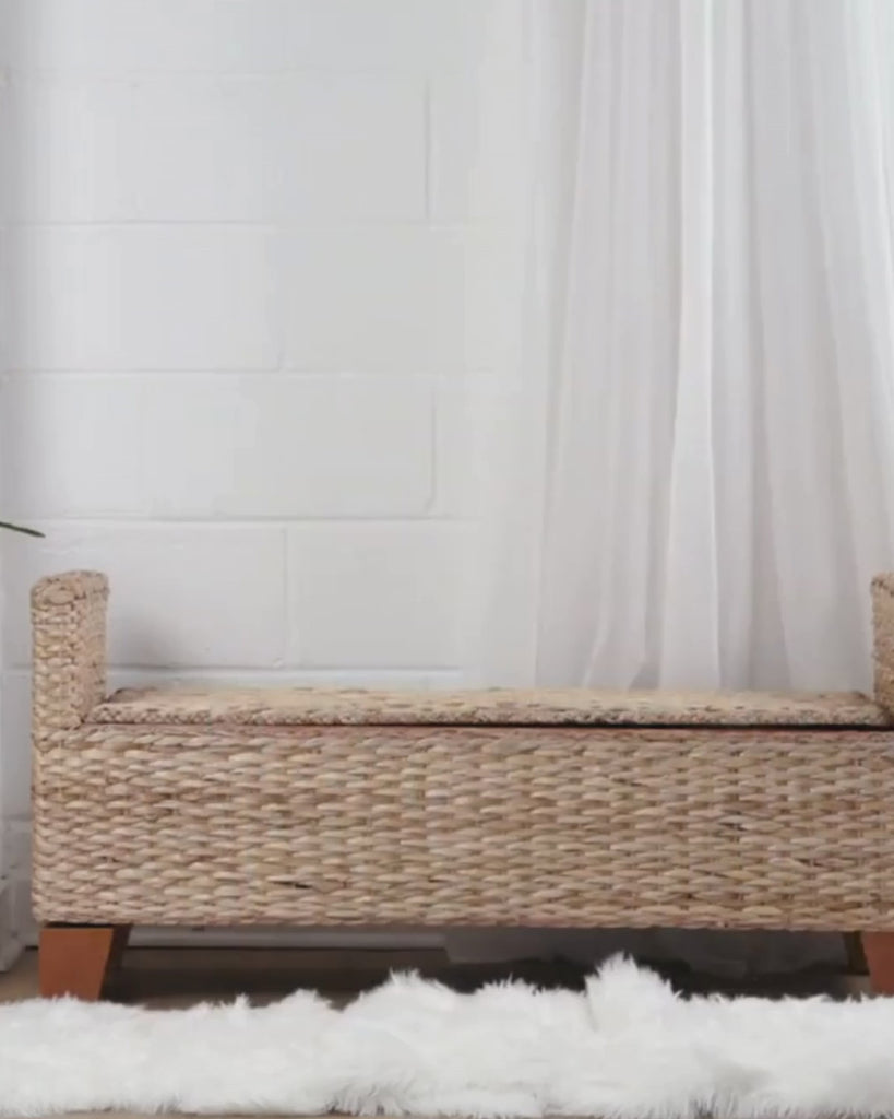 Wicker Storage Bench Rattan Woven Ottoman for Entryway, End of Bed, Living Room