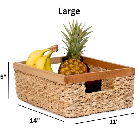 Rectangular Wicker Storage Basket Set of 3 With Wooden Handles