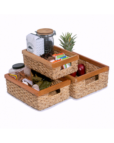 Rectangular Wicker Storage Basket Set of 3 With Wooden Handles