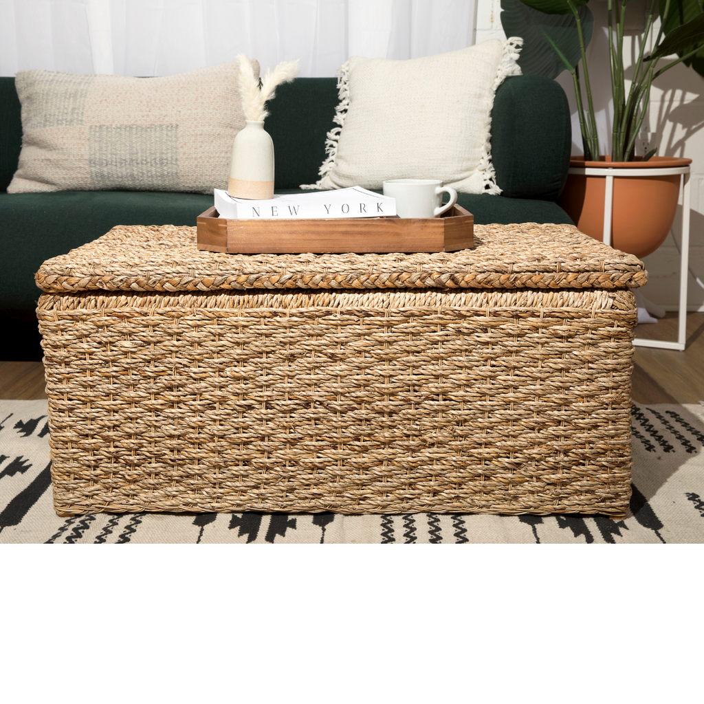 Wicker Storage Trunk Handwoven Natural Rattan Chest with Lid-Large